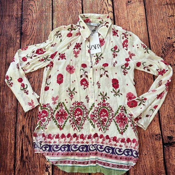 ZARA Women Floral Print Button Down Long Sleeve Shirt Cream Pink Green Size S - Picture 5 of 11